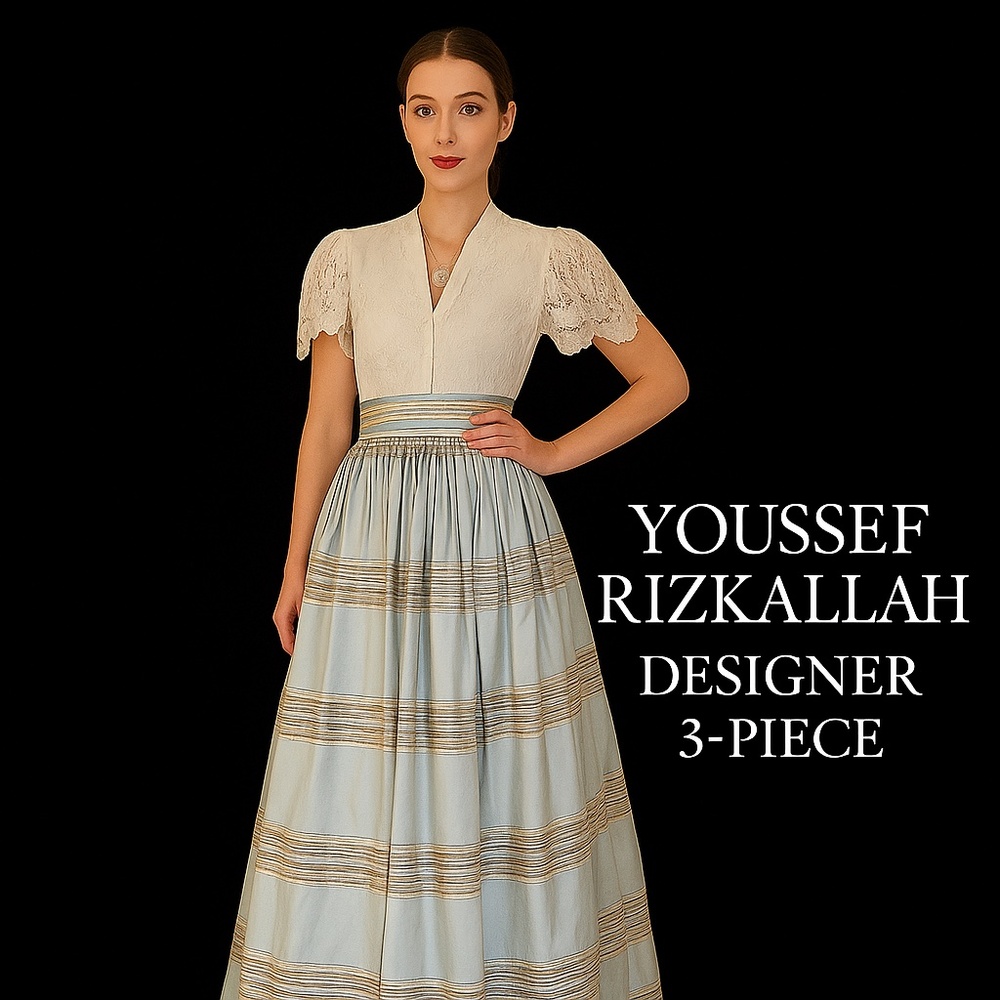 Youssef Rizkallah- Ensemble IIvory Embroidered Blouse, Silk Skirt & sash,
